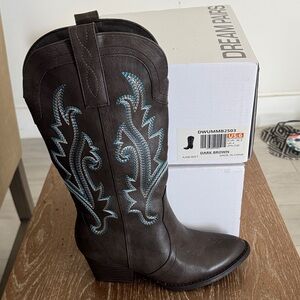 Dream Pairs Dark Brown Heeled Boots with Blue Stitching